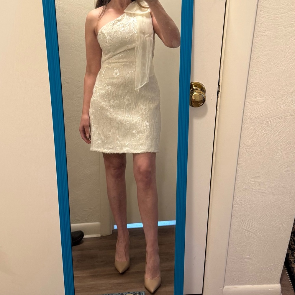 NWT Cream Sequins Bow One-Shoulder Mini Dress- Mini Wedding Dress - Picture 2 of 9